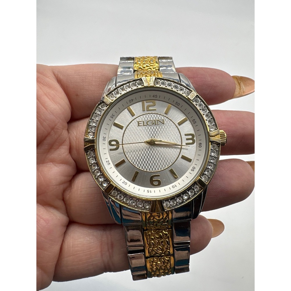Elgin Womens‎ Two Tone Crystal Bezel Round Face Watch FG9104ST Silver Gold Tone